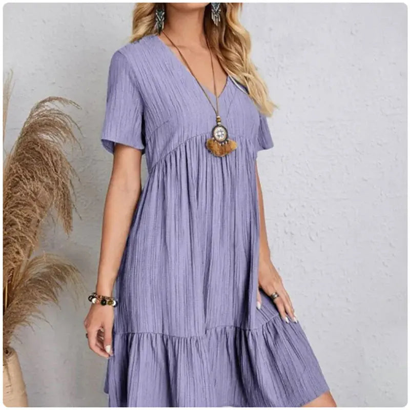 Women's V Neck Short Sleeve Ruffle Mini Dress For Casual Outfits