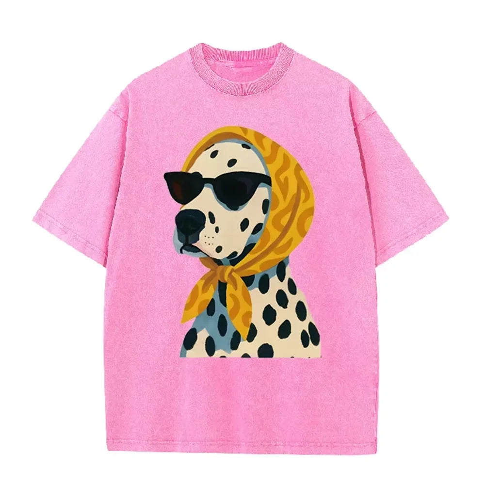 Distressed Vintage Washed Tee Stylish Cool Dalmatian Cartoon Animal Print Loose Fit Short Sleeve T Shirts