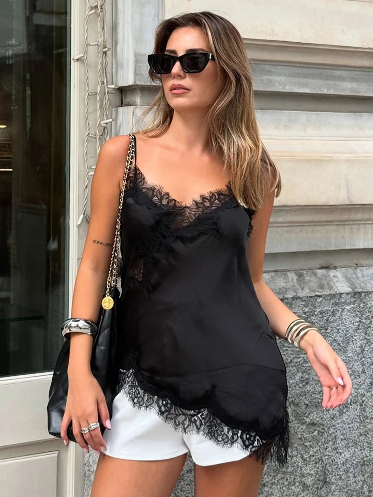 Women's Asymmetric Lace Trim Polyester Camisole with an Open Back