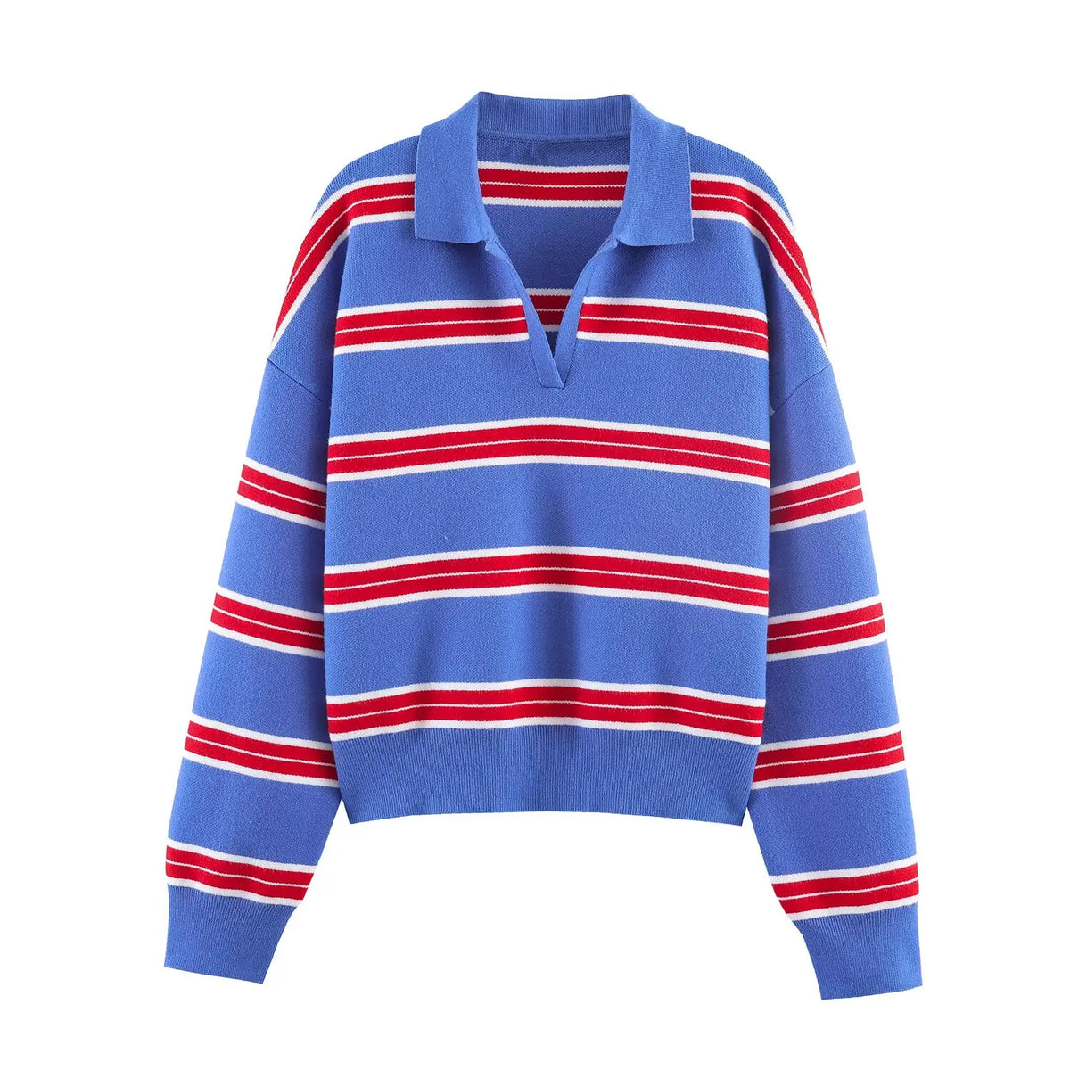 Women's Striped Polo Collar Loose Fit Sweater Casual Knit Layer