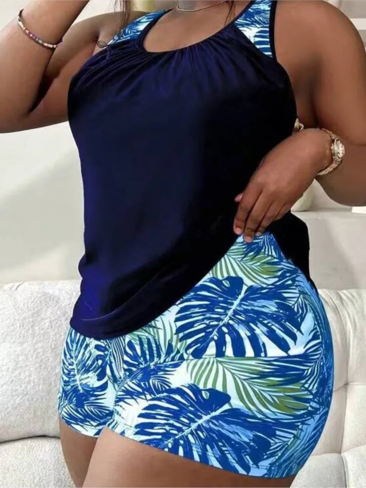 Women's Printed Blouson Tankini Top and Shorts Swim Set