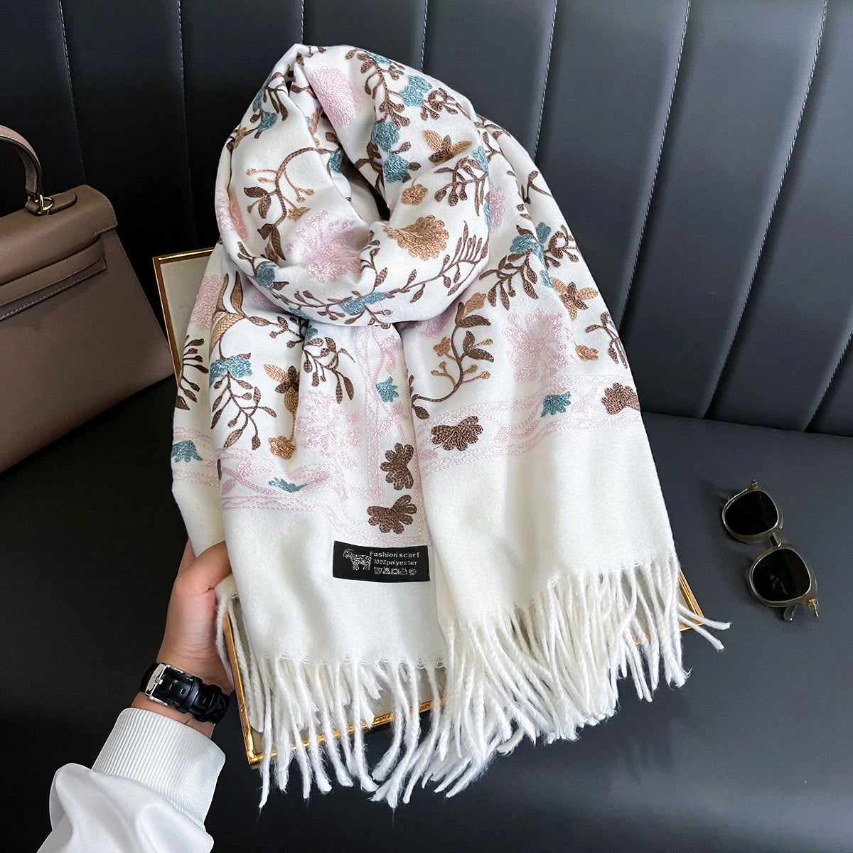 Patterned Fringed Scarf with Decorative Floral Embroidery Design