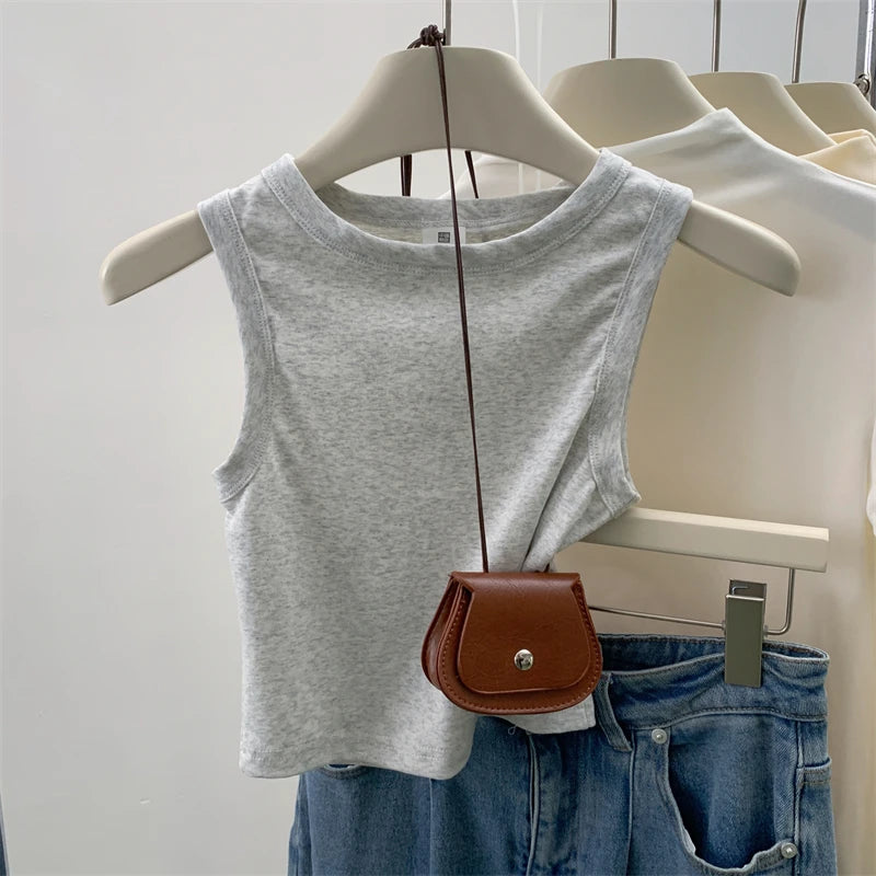 Women's Round Neck Cotton Blend Crop Tank Top with Sleeveless Cut