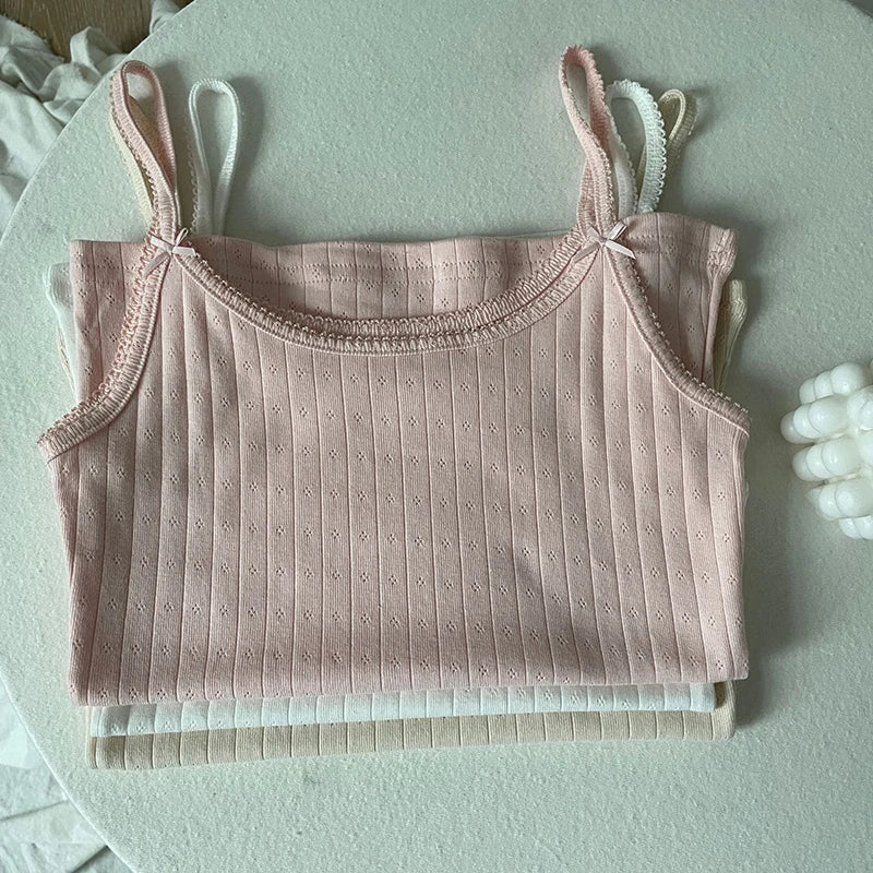Women's Lace Trim Cotton Camisole with Bow Detail and Multiple Pattern Options