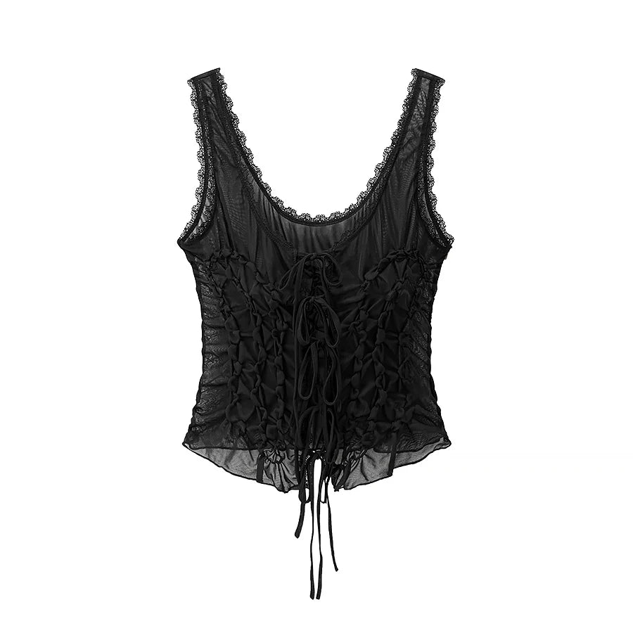 Women's Ruched Polyester Tank Top with Lace Trim and Front Tie