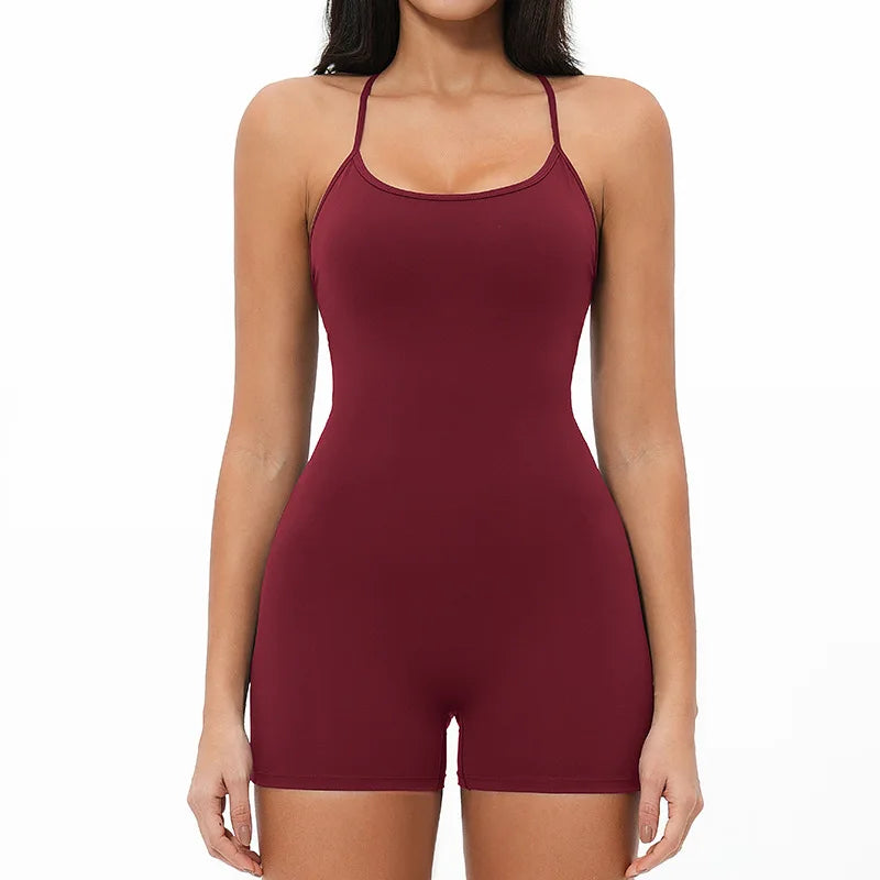 Women's Thin Strap Workout Romper with Open Crisscross Back