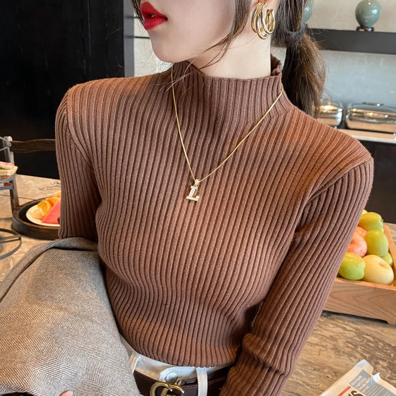 Women's Ribbed Mock Neck Long Sleeve Sweater Casual Knit Layer