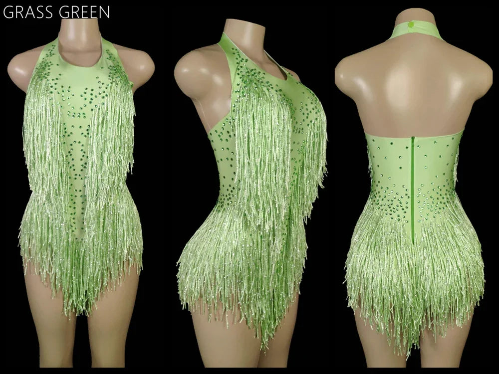 Women's Rhinestone Fringe Halter Dance Bodysuit for Stage Costume Outfits