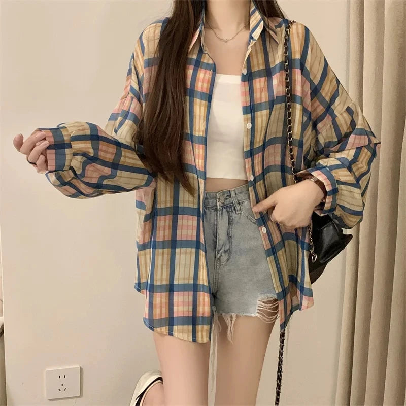 Women's Sheer Checked Short Sleeve Button Front Shirt