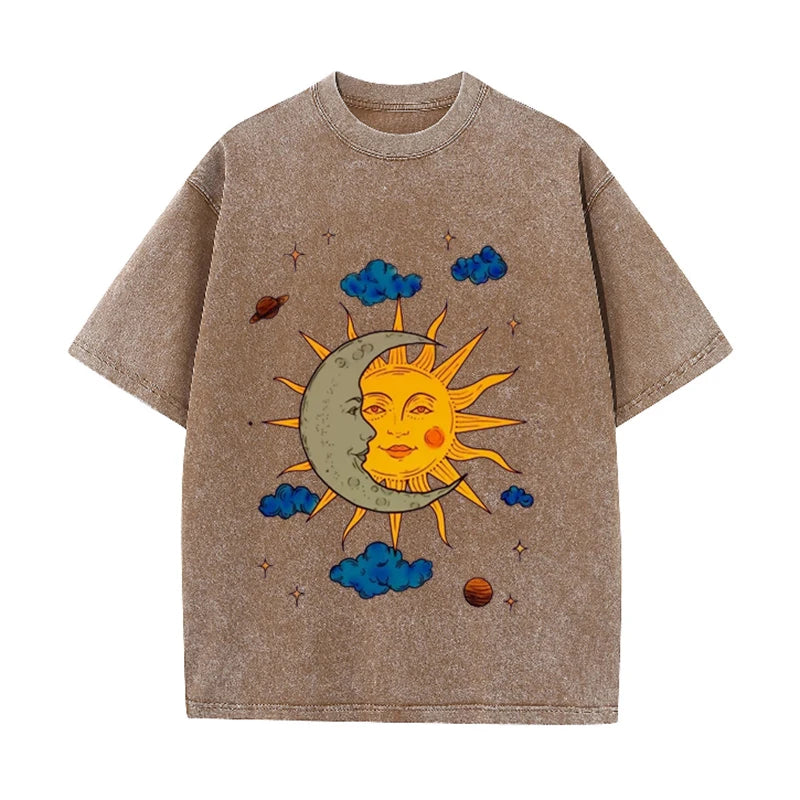 Men's Moon and Sun Printed T-shirt Oversized Short Sleeved Retro Washed Shirt Summer Top