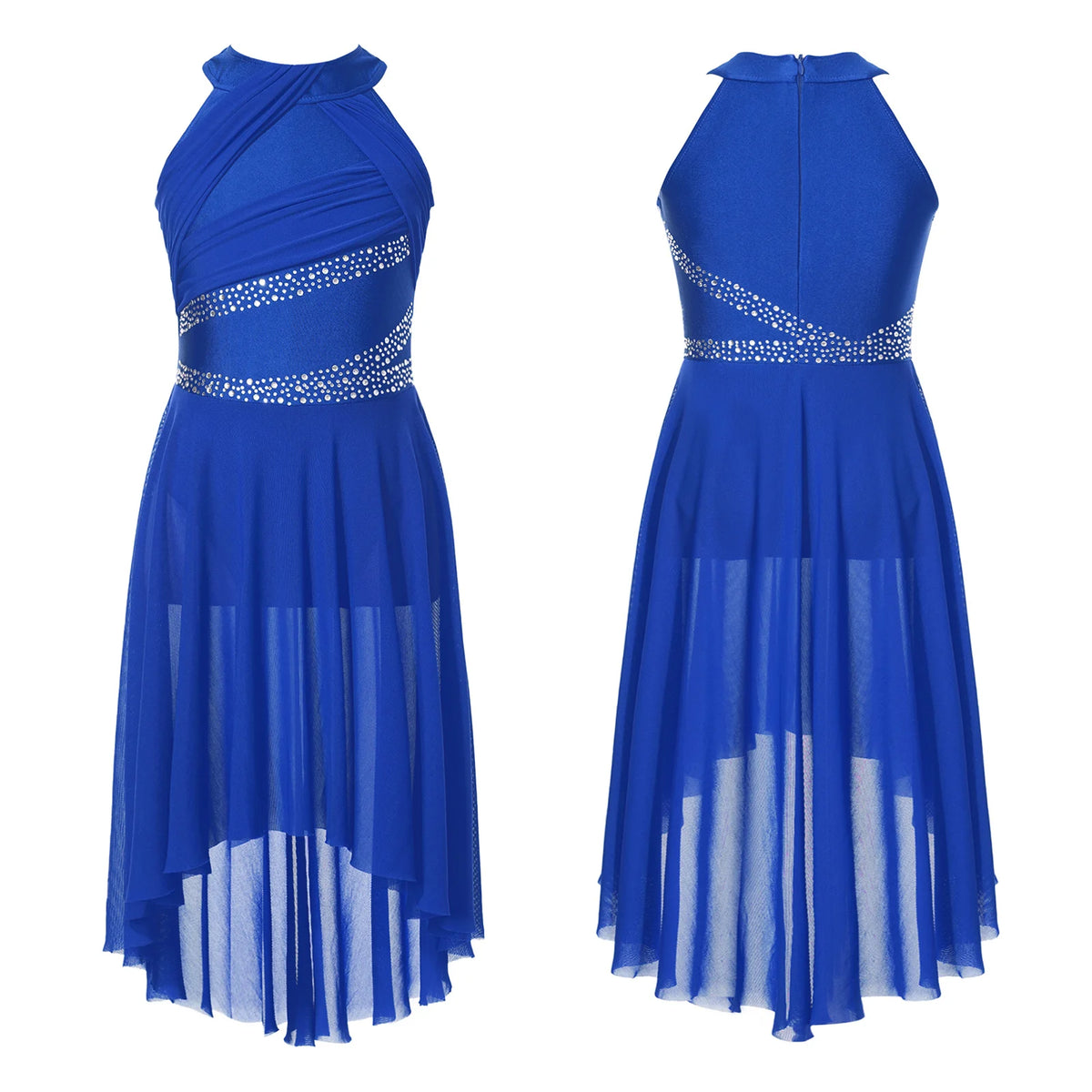 Girls' Sleeveless Rhinestone Ballet Dress with Asymmetric Mesh Skirt Overlay