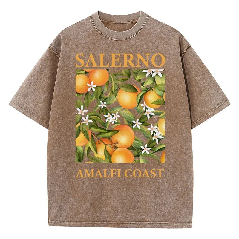 Fresh Orange Design Men's Washed Short Sleeve T-shirt Summer Casual Hip Hop Top Loose Cotton Short Sleeve