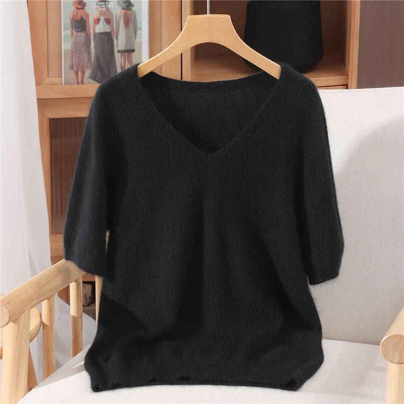 Women's V Neck Short Sleeve Sweater Casual Knit Layer