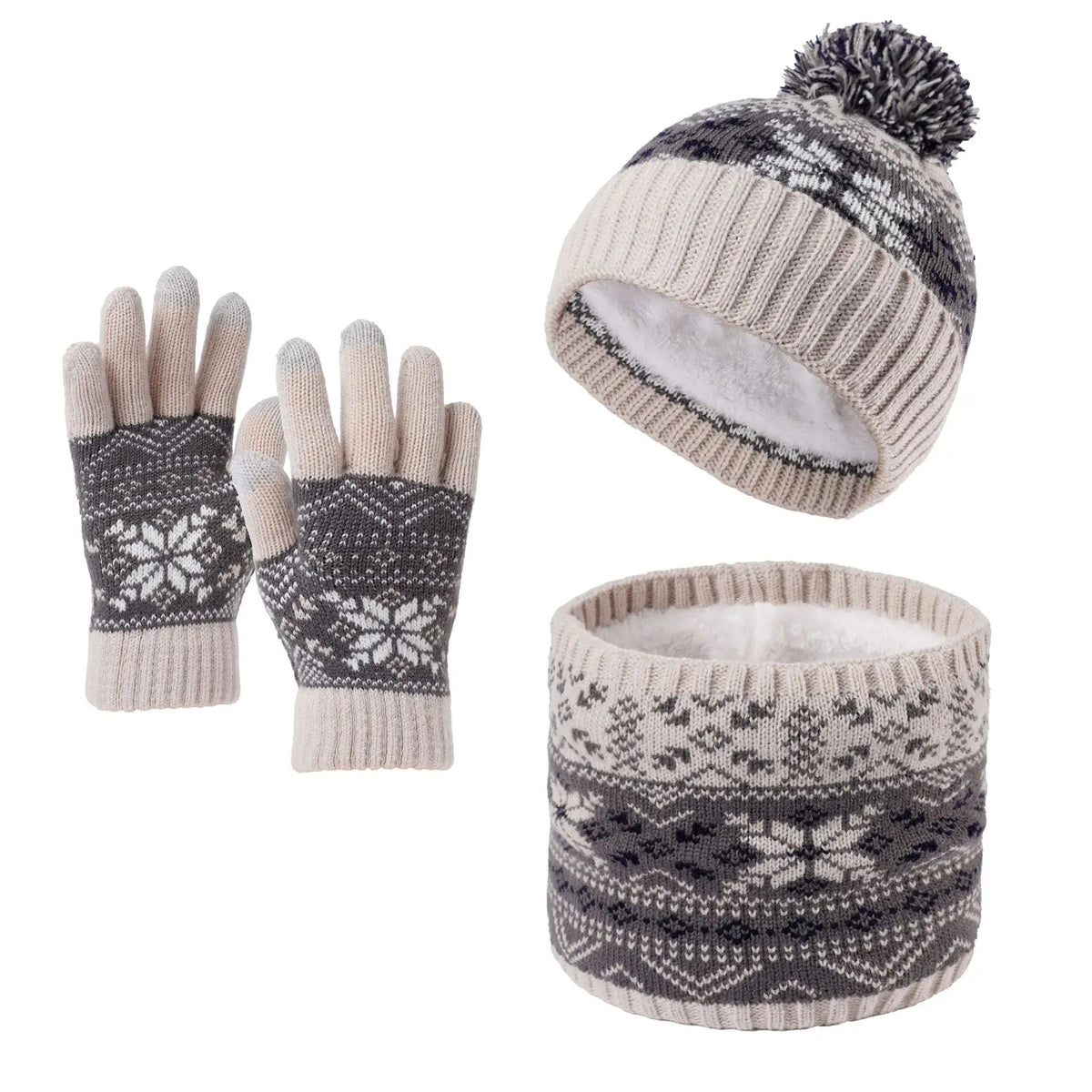 Children's Snowflake Knitted Hat Scarf and Gloves Set for Winter Wear