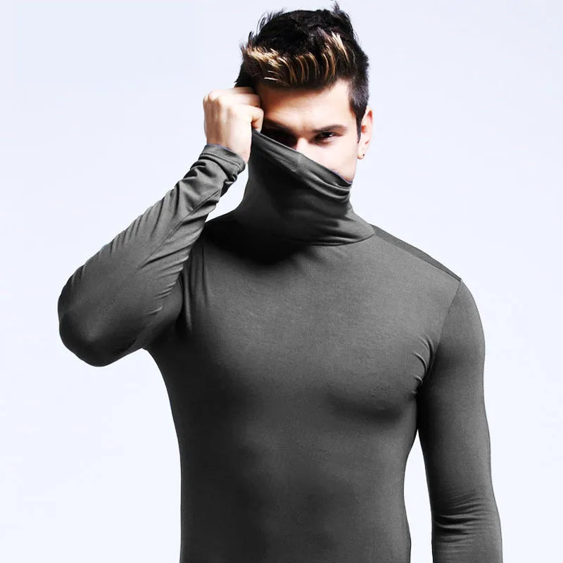 Men's Solid High-Neck Long-Sleeve Fitted Base-Layer Top