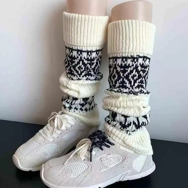 Patterned Knit Leg Warmers with Foldable Ribbed Cuffs