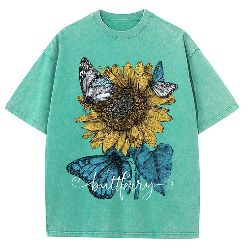 Sunflower Butterfly Print Cotton Oversized T-Shirt Women Summer
