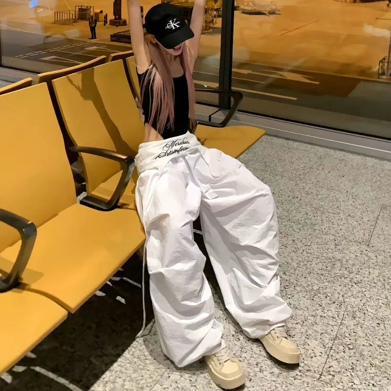 Women's White Wide Leg Cargo Pants with Embroidered Waist Detail