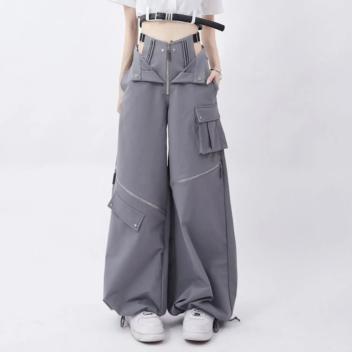 Women's Black Wide Leg Pants with Cutout Knees and Zip Details