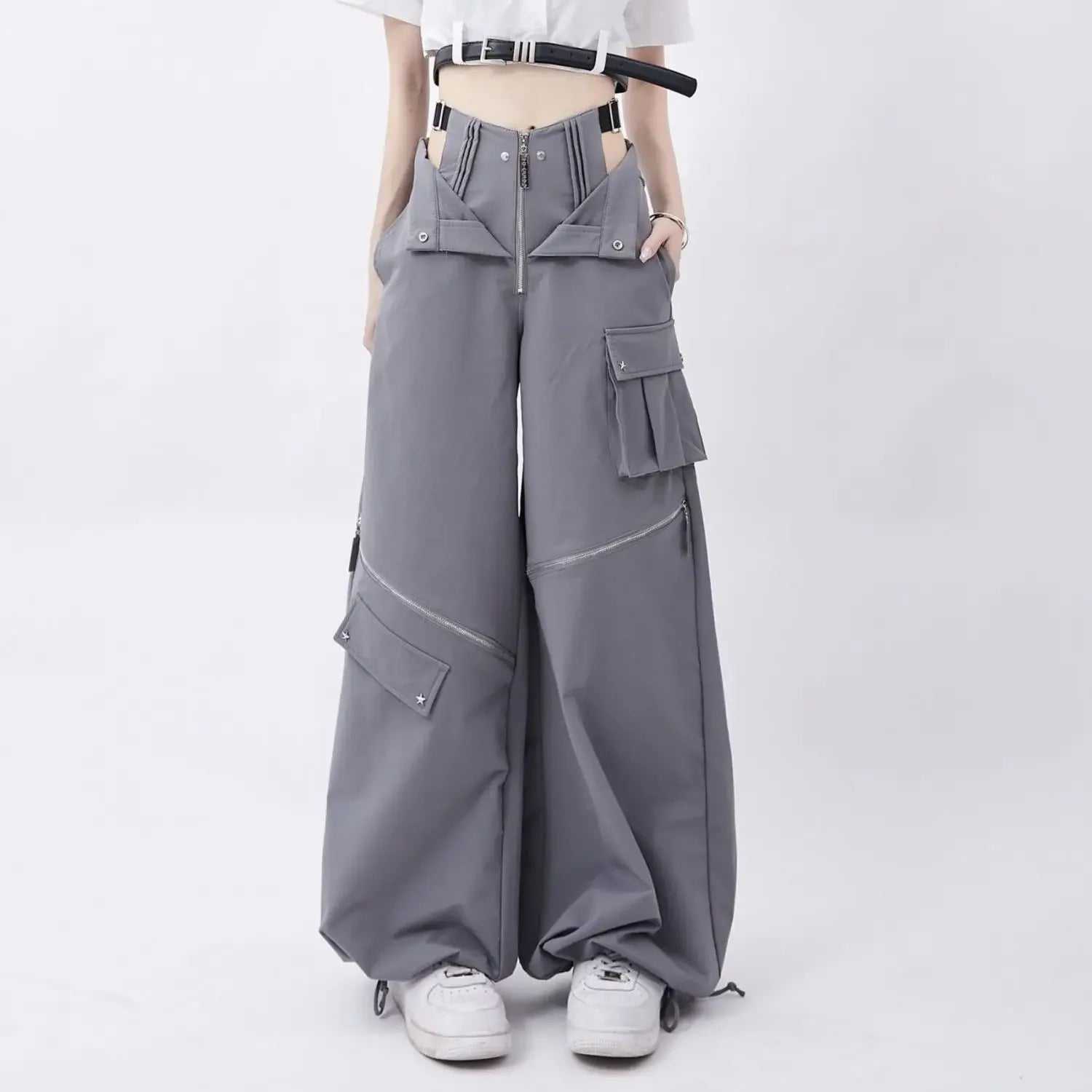 Women's Black Wide Leg Pants with Cutout Knees and Zip Details