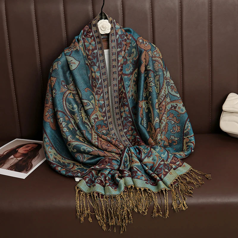 Paisley Floral Print Long Scarf with Fringed Ends