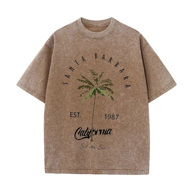 Vintage Palm Tree Print T Shirt Santa Barbara Retro Washed Cotton Tee