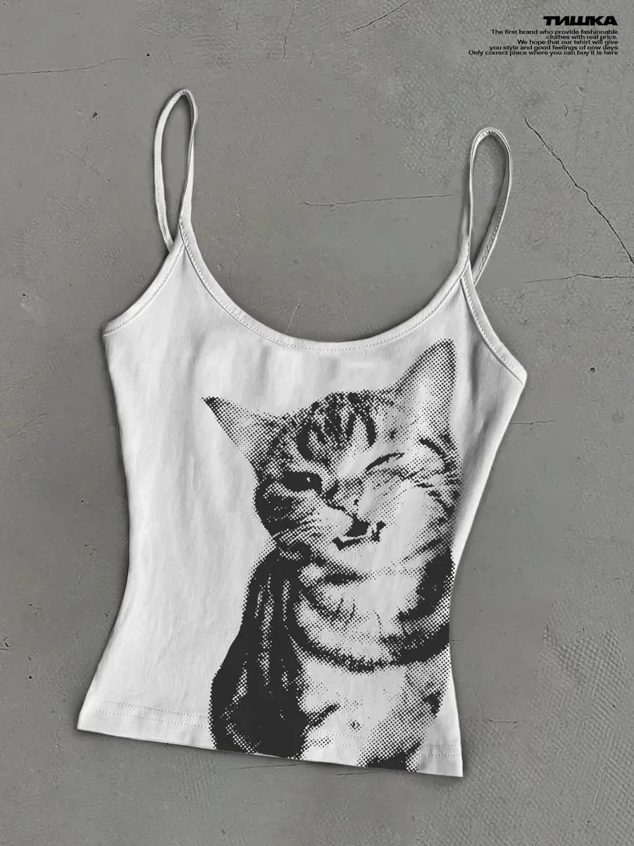 Women's Cat Print Polyester Blend Crop Camisole with a Fitted Silhouette