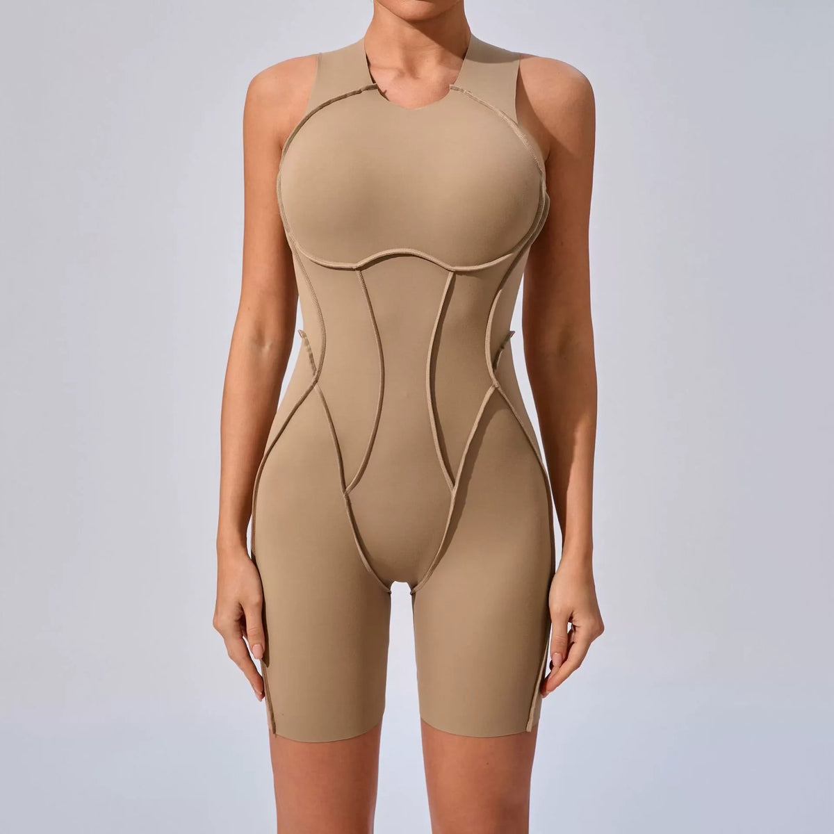 Women's High Neck Nylon Workout Romper with Racerback and Contrast Seams
