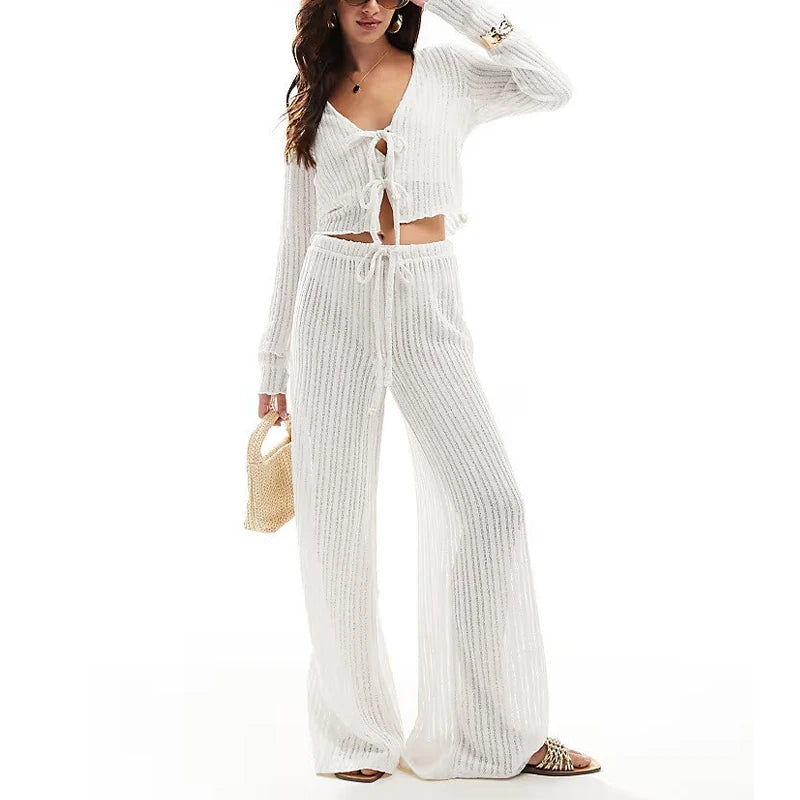 Women's Linen-Polyester Two-Piece Lounge Set with Long-Sleeve Button-Front Top and Elastic-Waist Pants
