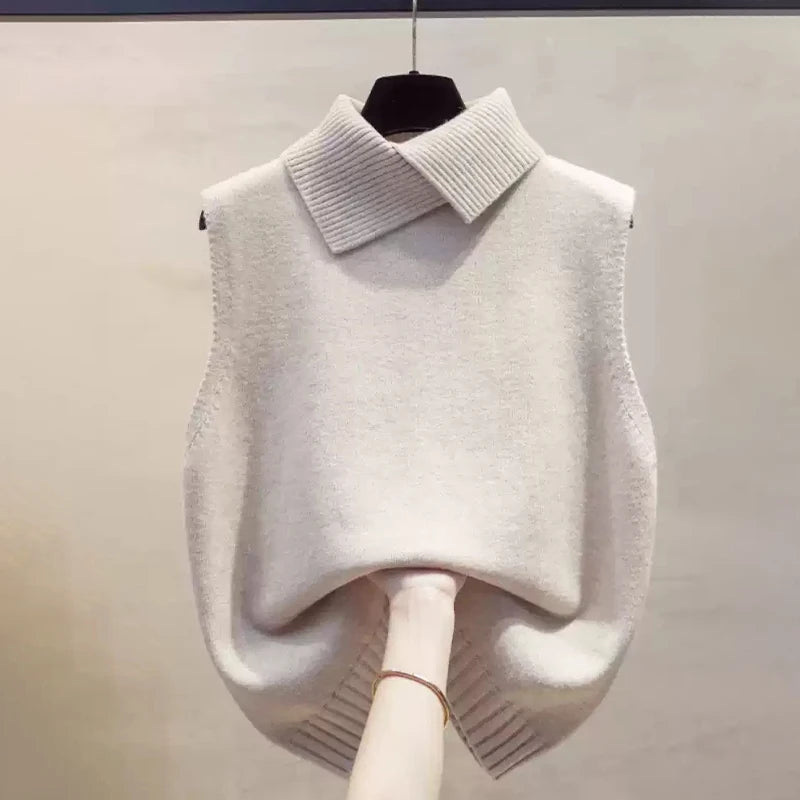 Women's Collared Sleeveless Knit Styles Vest Casual Knit Layer