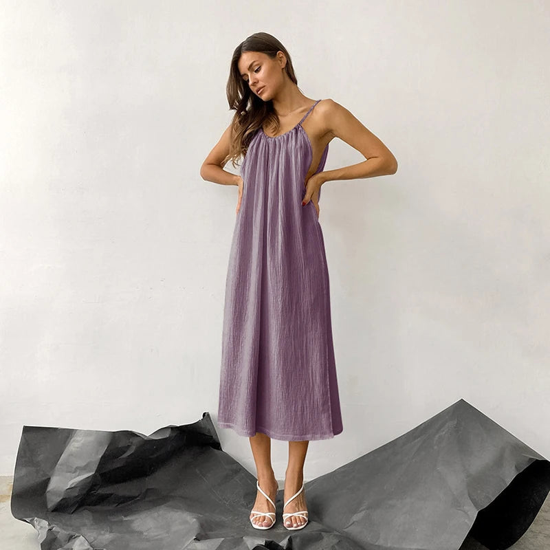 Women's Cotton Sleeveless Loose A-Line Midi Dress with Straps and Tie Detail
