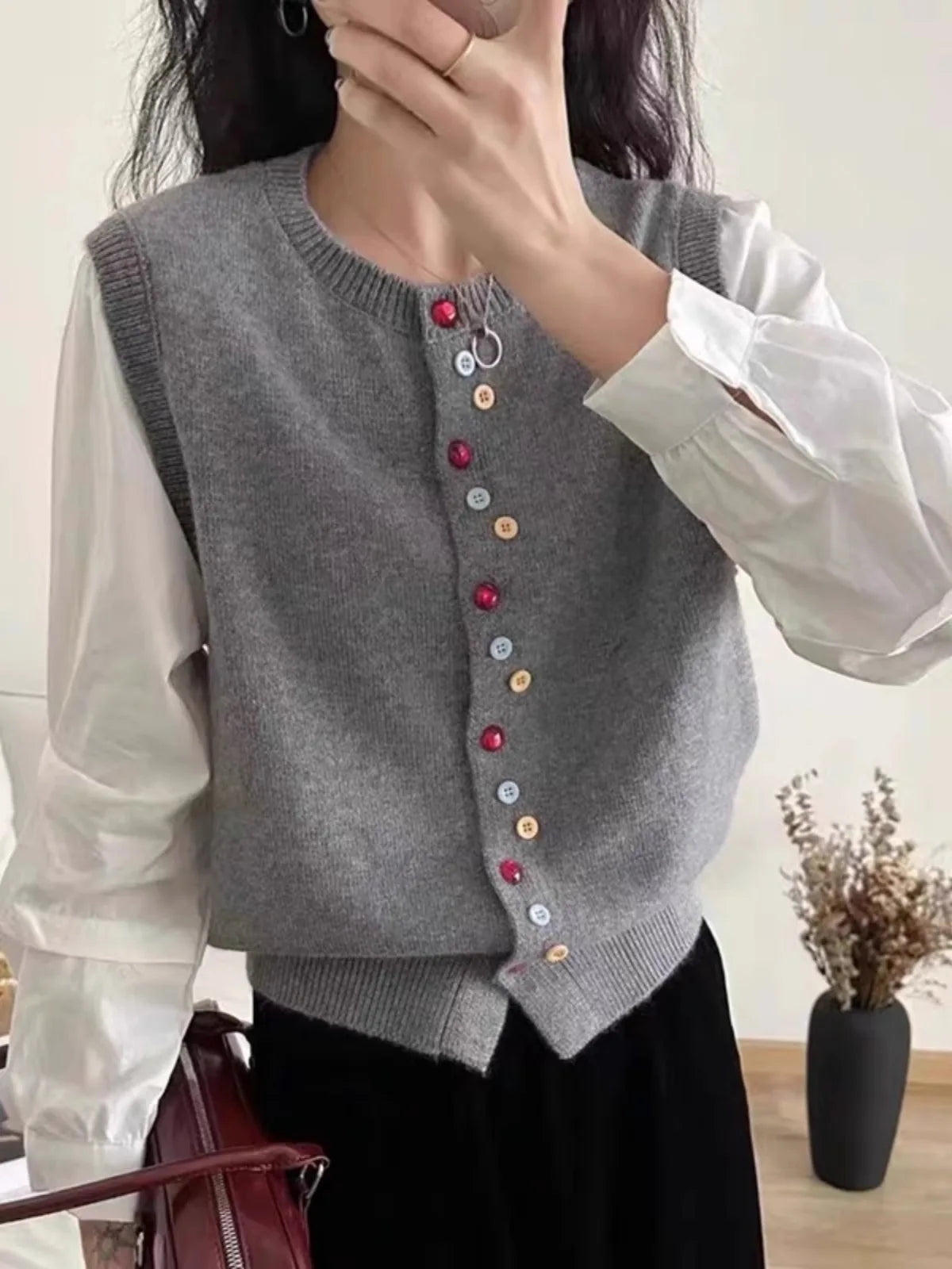 European goods color button cashmere knit vest cardigan women spring and autumn new round neck sleeveless sweater vest