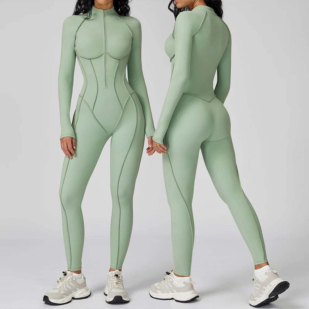 Women's Long Sleeve Zip Front Workout Jumpsuit with Contour Seams