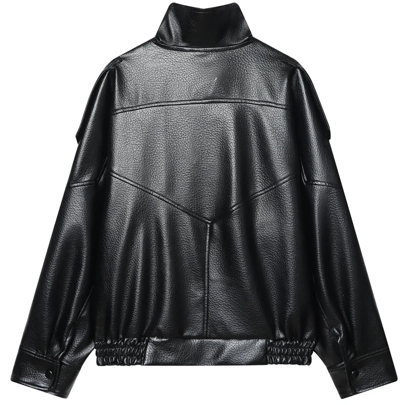 Women's Stand Collar Faux Leather Zip Front Jacket for Layered Outfits