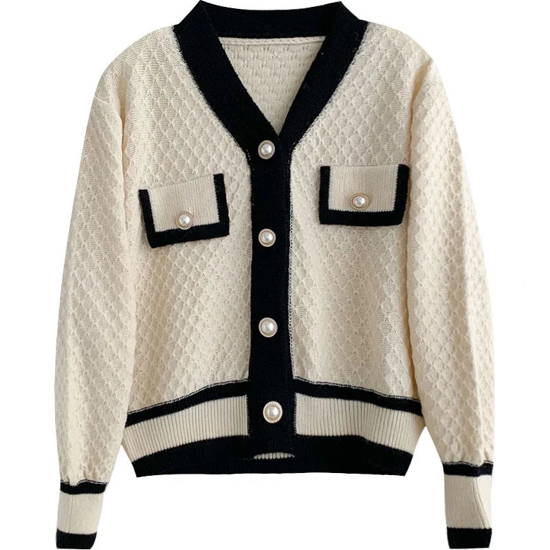 Women's Contrast Trim Button Front Cardigan Casual Knit Layer