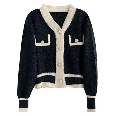 Women's Contrast Trim Button Front Cardigan Casual Knit Layer