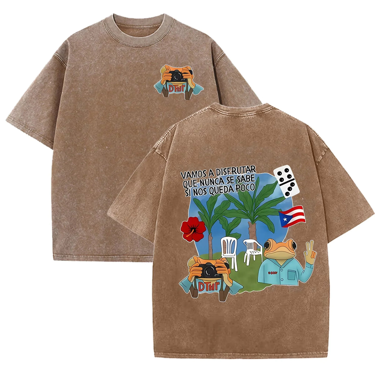Puerto Rico Flag Frog Vamos A Disfrutar Quote Print Washed Beige Travel Lover T-shirt