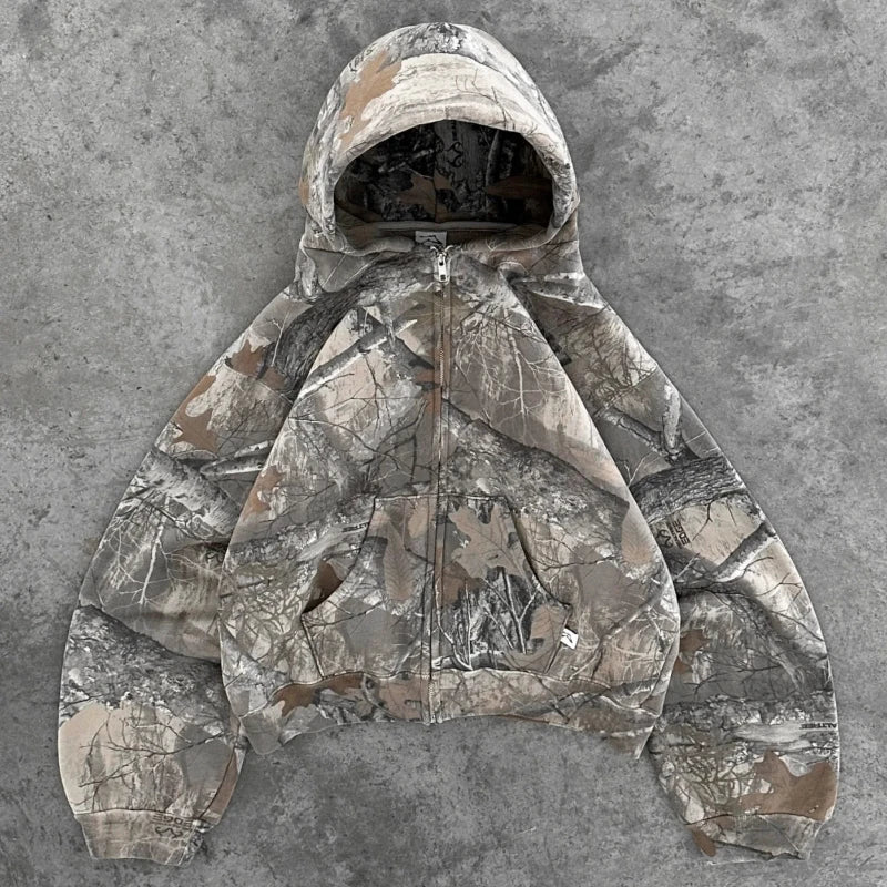 Camouflage Loose-Fit Long-Sleeve Zip-Front Hoodie