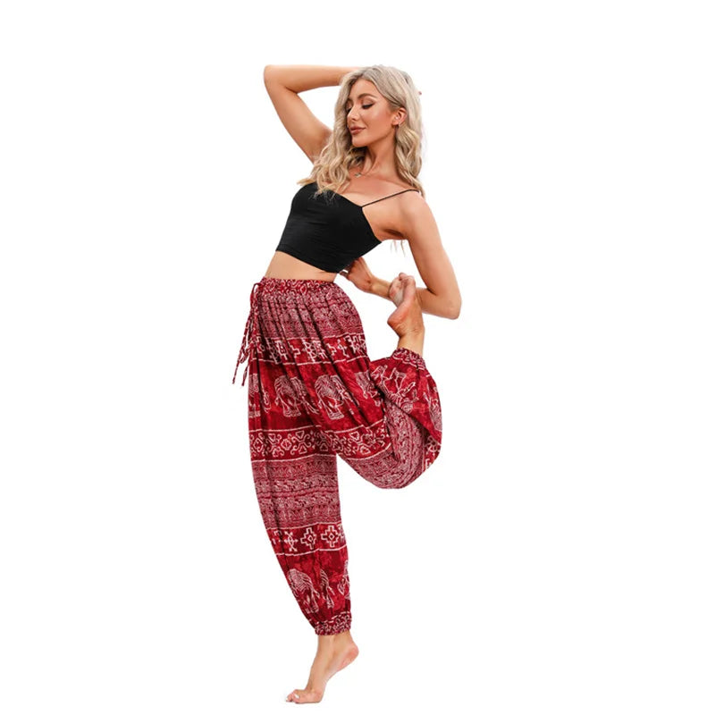 Women's Printed Rayon Harem Pants with Elastic Waist and Loose Gathered Legs