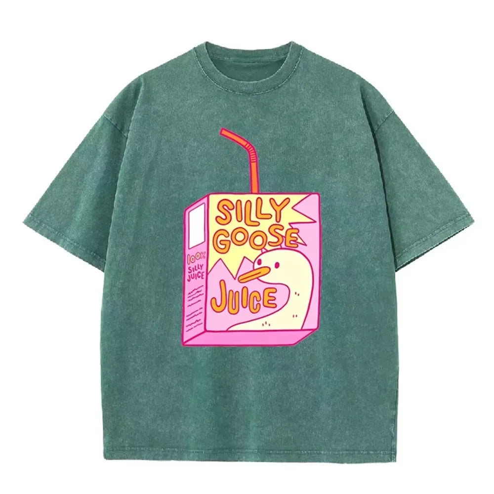 Cute Silly Goose Juice Box Print Washed Purple Y2K Aesthetic Women T-shirt