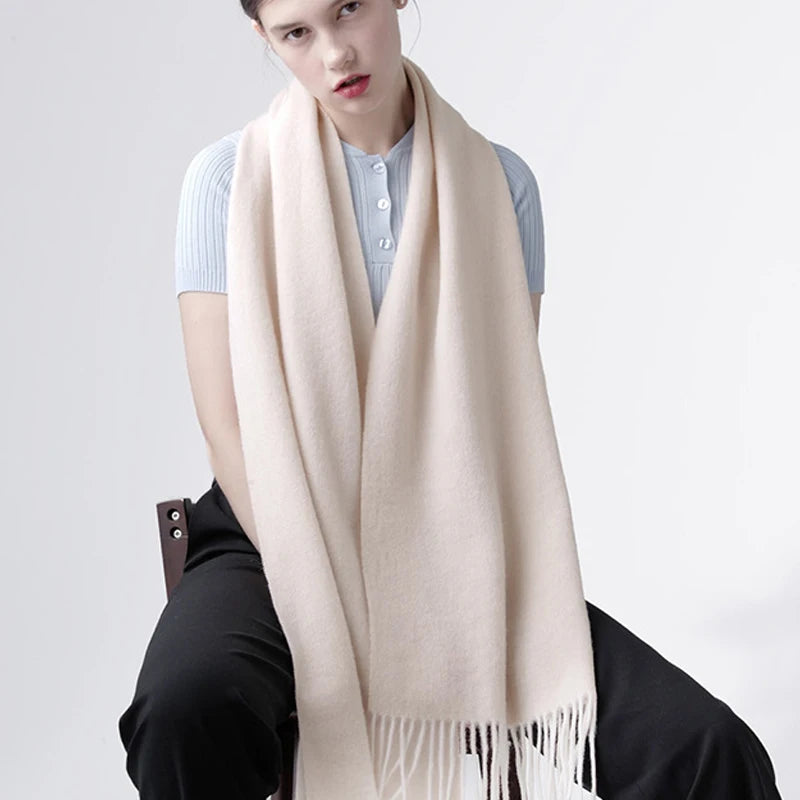 Solid Long Wool Scarf with Decorative Fringed Ends