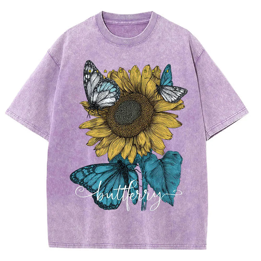 Sunflower Butterfly Print Cotton Oversized T-Shirt Women Summer