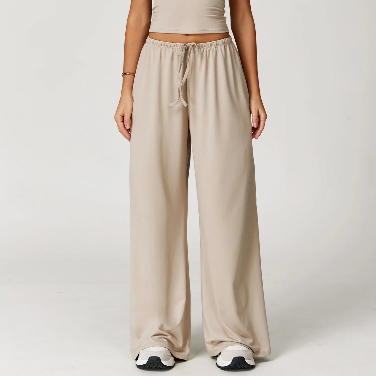 Women's Drawstring Waist Polyester Blend Wide Leg Pants with Side Pockets