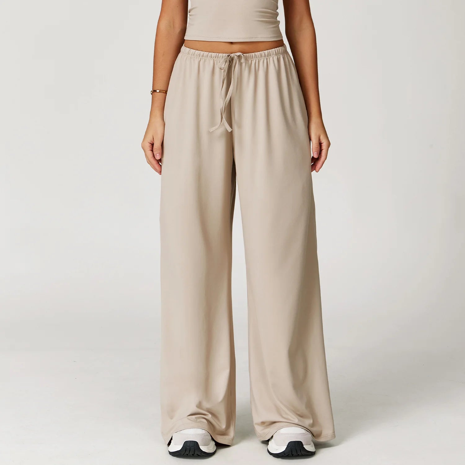 Women's Drawstring Waist Polyester Blend Wide Leg Pants with Side Pockets