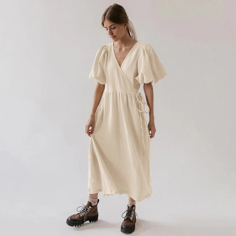 Women's Cotton V-Neck Short-Sleeve Loose A-Line Midi Dress for Casual Summer Outfits