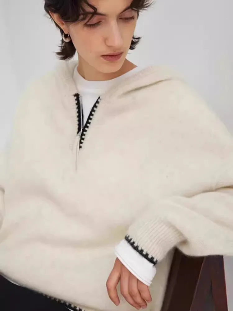 High-end half-zipper hooded 100% cashmere knitted sweater women loose and thick sweater base hoodie top