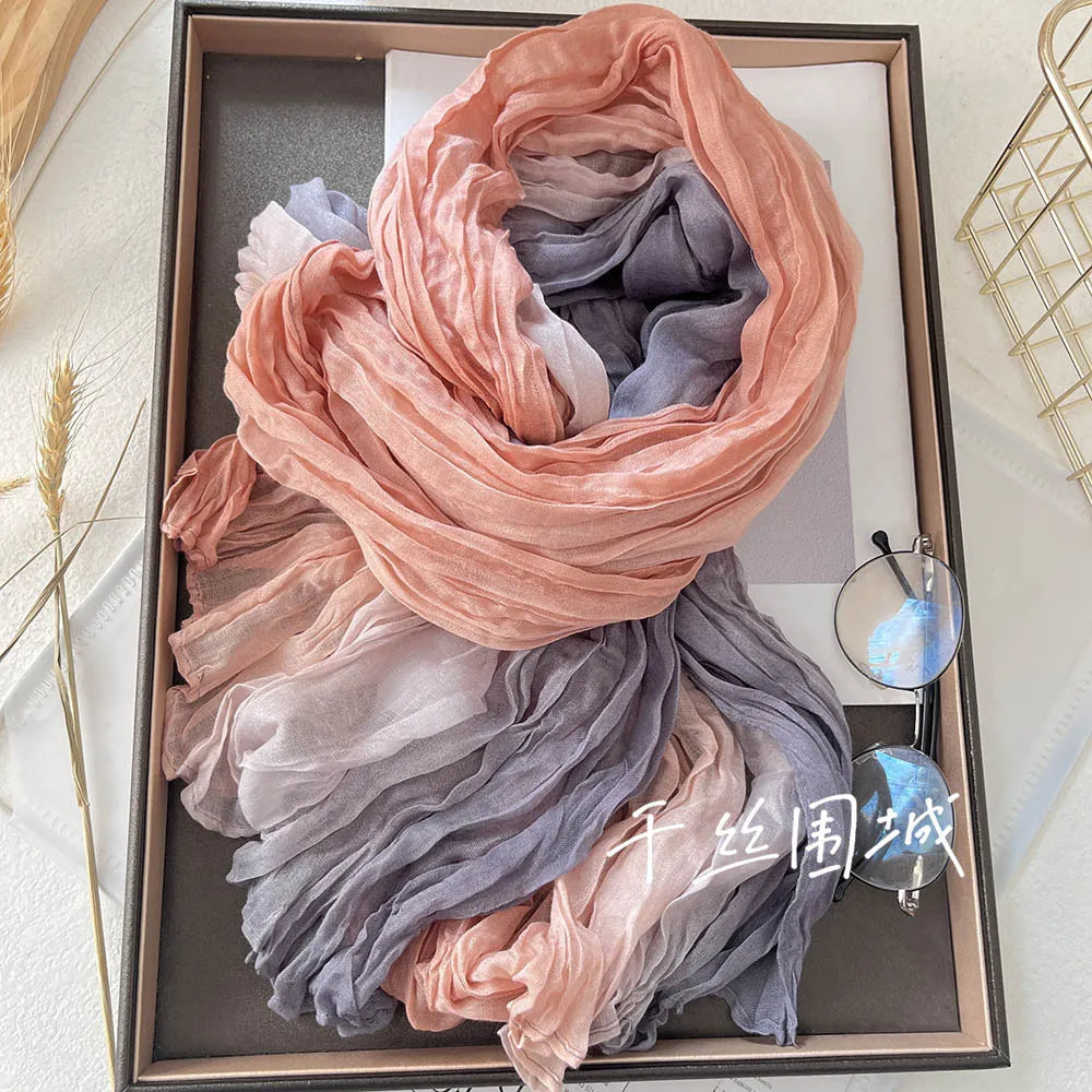 Gradient Crinkled Long Scarf with Rectangular Wrap Shape