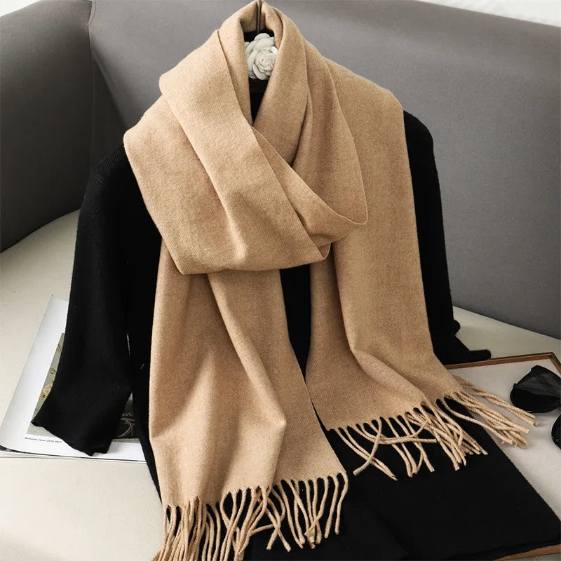 Solid Long Rectangular Scarf with Decorative Fringe Trim