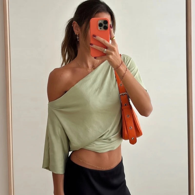 Women's Polyester-Elastane Solid One-Shoulder Short-Sleeve Crop Top for Casual Summer Everyday Outfits