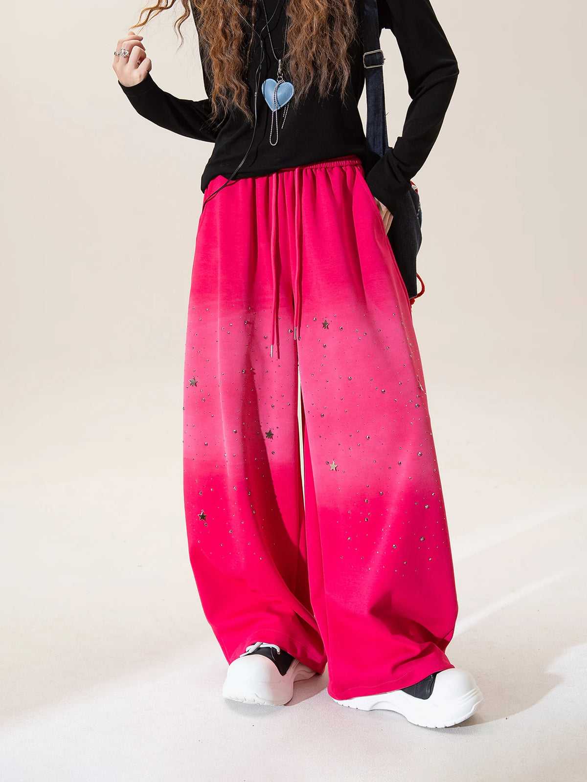 High Waist Gradient Color Wide Leg Casual Full Length Pants